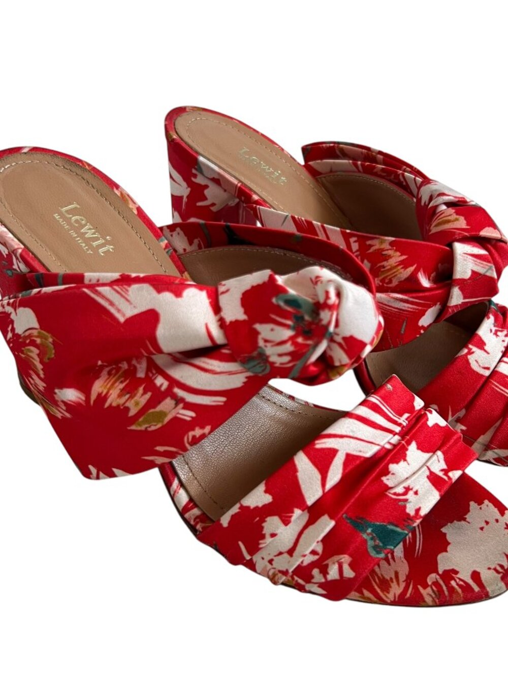 Lewit high heel sandals Rosa floral pleated red fabric knot 37.5 block heeled